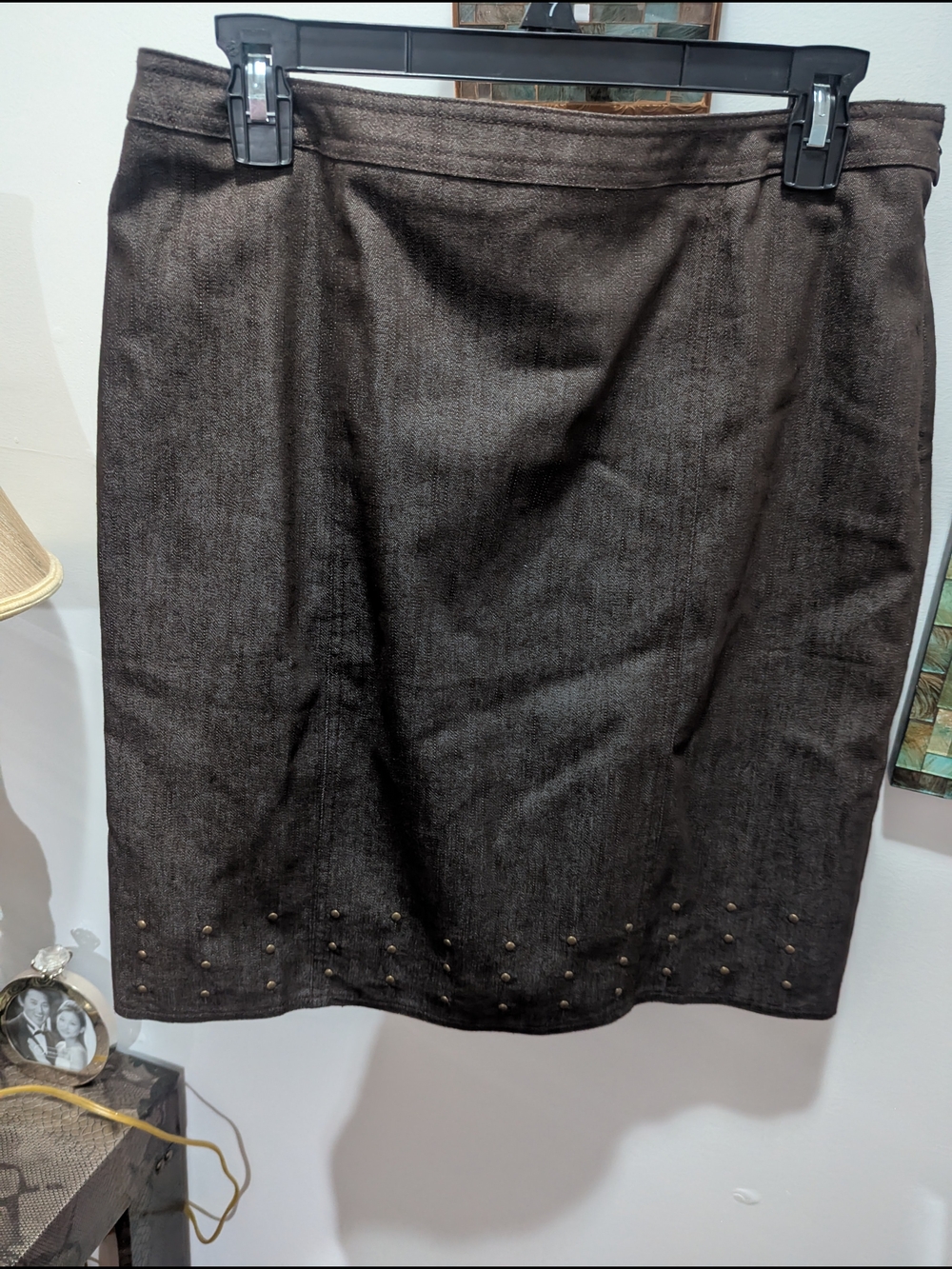 Stud-Trim Brown Pencil Skirt